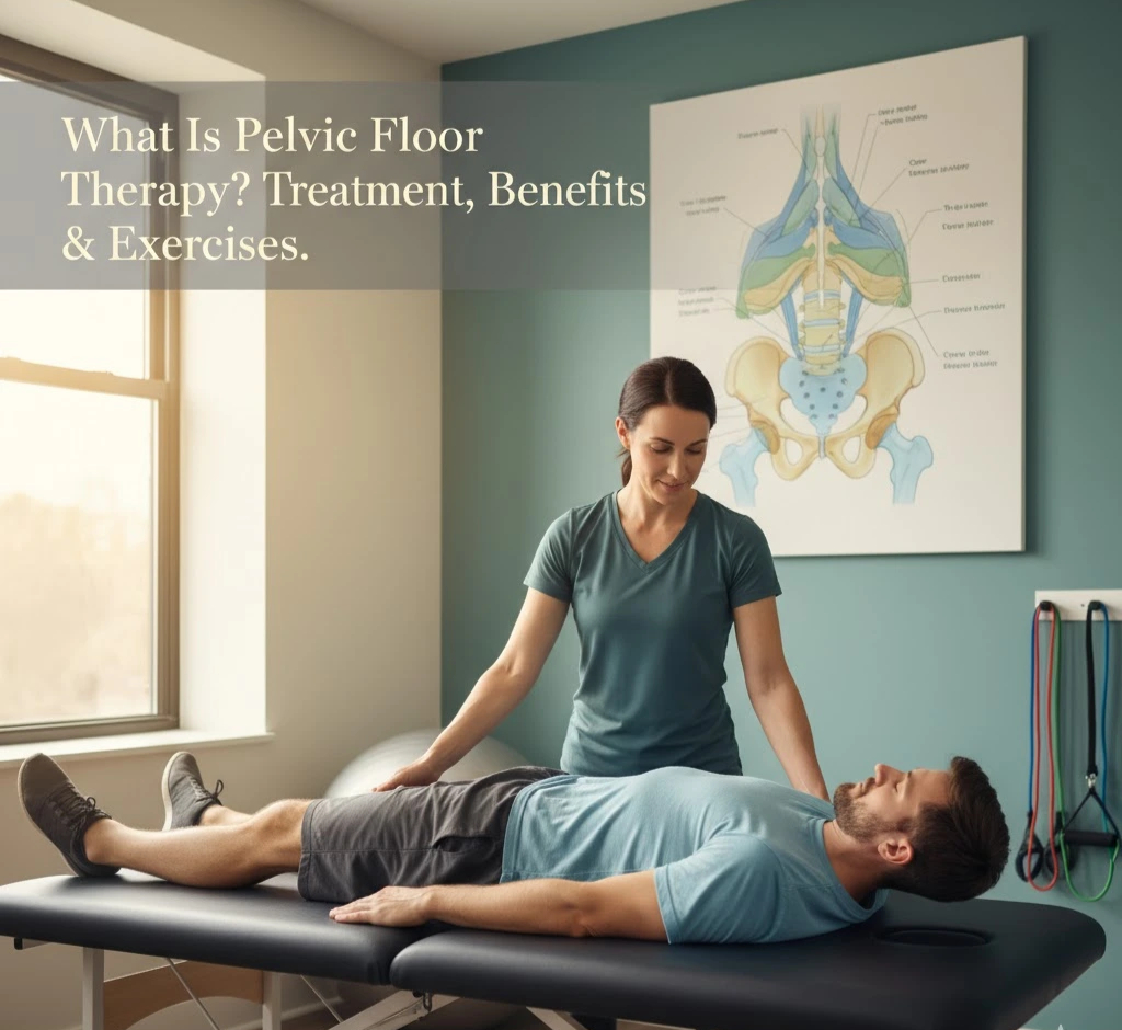 Licensed physical therapist guiding male patient through pelvic floor therapy exercises in a modern clinic. Anatomical pelvis diagram visible on teal wall. Image for blog post: "What Is Pelvic Floor Therapy?