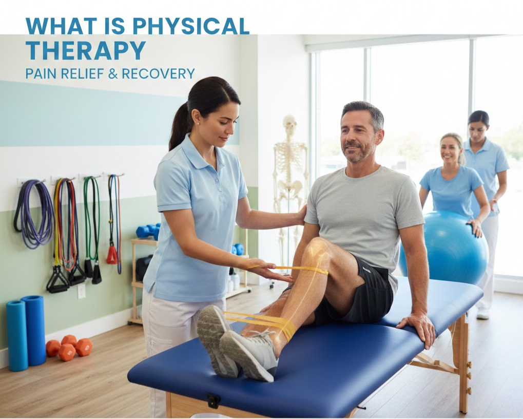 What Is Physical Therapy?: A licensed physical therapist actively guiding a male patient through a therapeutic resistance band exercise on a treatment table in a modern, clean clinic, effectively illustrating physical therapy for pain relief, improved mobility, and full recovery.