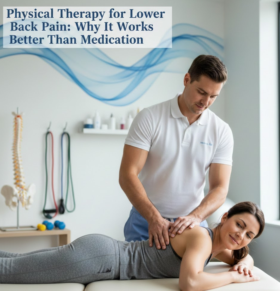 Physical therapy for lower back pain: Confident, professional physical therapist performing hands-on manual therapy on a relaxed female patient in a modern, brightly lit clinic. Focus on non-surgical spine alignment and core strengthening for long-term recovery.