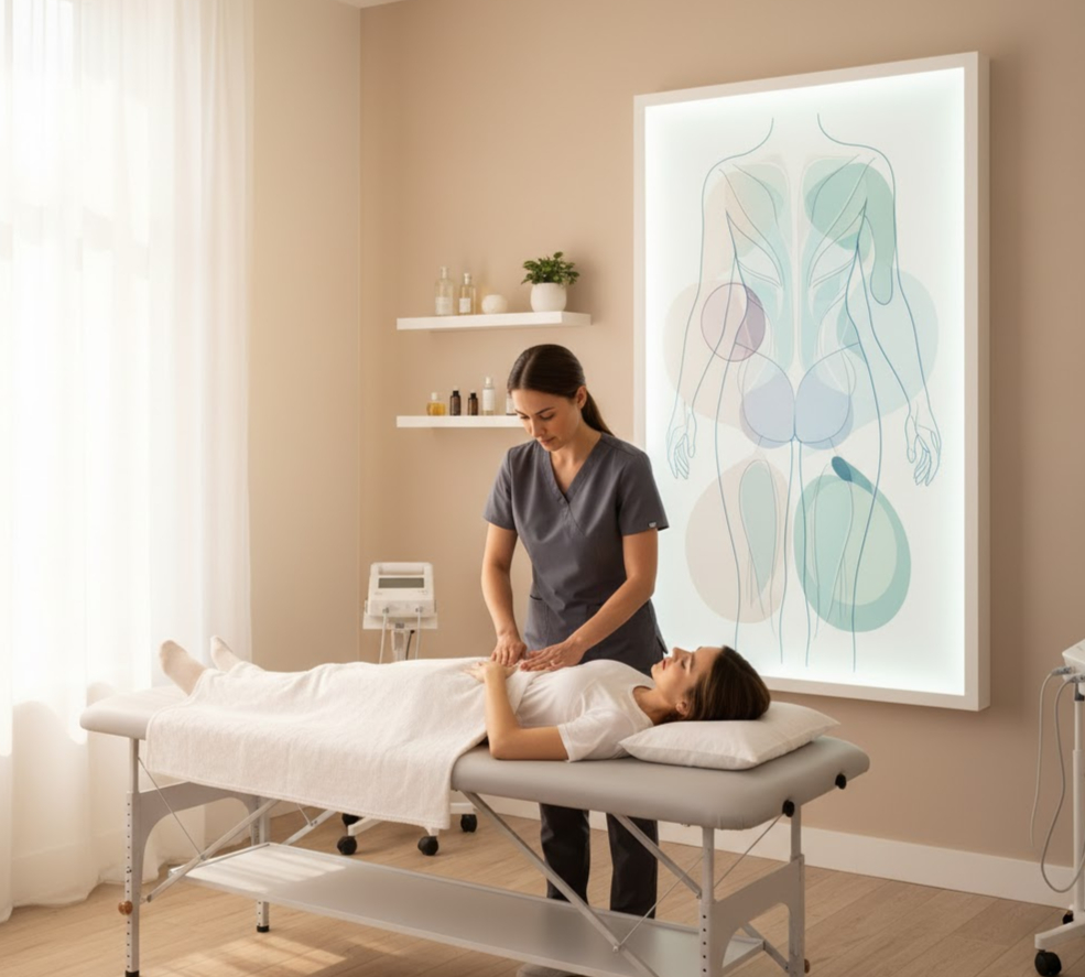 Professional pelvic floor physical therapist guiding patient through gentle therapy exercises in a modern, clean wellness clinic setting with subtle anatomy illustrations